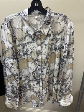 Lafayette 148 New York Marble-Print Button-Down Shirt in Beige, White and Gray